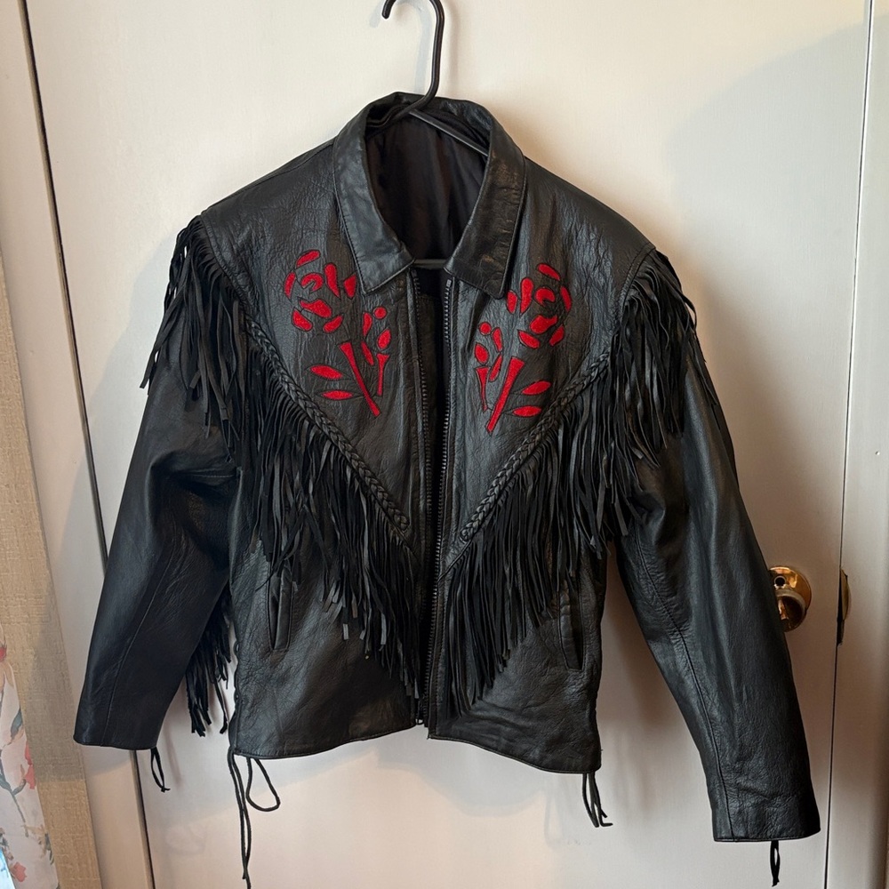 Black Leather Jacket with Red Accents